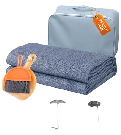 Ezcasch Tappeto da campeggio 3 x 4 m, con occhielli, 280 g/㎡, traspirante, per tenda da sole, con chiodi a forma di U, estrattore per unghie, set di scopa piccola e borsa per riporre oggetti