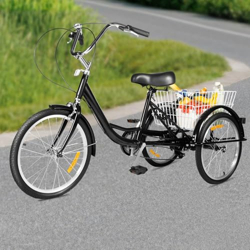 WFIETN – 20 tums trehjuling, trehjuling för vuxna 8-växlad 3-hjuls cykel med shoppingkorg svart stadscyklar seniorcykel ‎Pedal Power trehjuling för människor med en längd på 5,09–5,58 fot