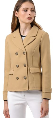 Allegra K Women's Notched Lapel Double Breasted Pea Coat Medium Khaki