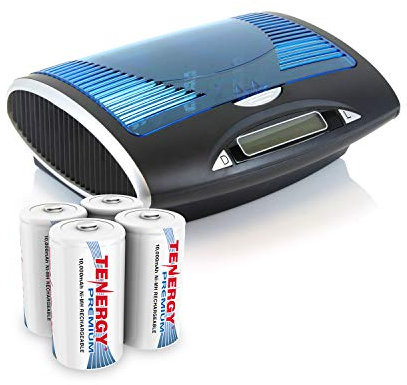 Tenergy Premium Rechargeable D Batteries and T9688 LCD Smart Battery Charger for NiMH/NiCd AA/AAA/C/D/9V Batteries, 4 Pack 10000mAh D Size Cells and LCD Charger
