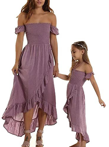 Loalirando Mutter und Tochter Elegante lange Kleider Familie Sommer Schulterfrei Kleid Prinzessin Mädchen/Elegante Damenkleider, violett, S