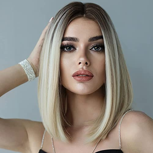 PORSMEER Kvinnor ombre blond kort bob rak peruk rakt naturliga mittavskiljande hår peruker för kvinnor värmebeständigt syntetiskt peruk för fest cosplay Kkostym dagligen 10