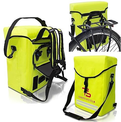3in1 Fahrradtasche 27L für Gepäckträger mit Rucksack, reflektierende Signalfarbe, 100% wasserdicht mit Klappdeckel und Polster