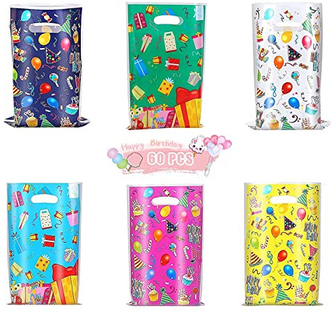 60 Pieces Birthday Party Bags,Plastic Party Goodie Favor Bag,Gift Bags in 6 Colors for Goodie Sweets Treat Candy Present Cookies