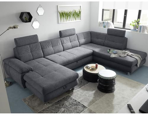 Lomadox Wohnlandschaft mit Schlaffunktion und frei steckbaren Kopfstützen in Webstoff anthrazit modern | Sofa in U-Form mit Bettkasten rechts