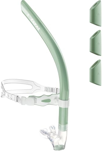 CAPAS Training Swim Snorkel for Lap Swimming, Ultimate Fit Center-Mount Swimmers Snorkel with Liquid Silicone Mouthpiece Adjustable Strap Swivel Headband, Designed for Adult Men Women (Green White)