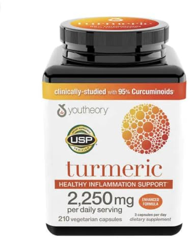 Youtheory Turmeric Curcumin Supplement with Black Pepper BioPerine, Powerful Antioxidant Properties for Joint & Healthy Inflammation Support 2250 MG 210 Capsules