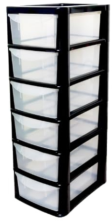SIDSONS Mini Plastic Storage Drawers 6 Drawer Unit Small Drawer Tower Home Kitchen Craft Modular storage unit Office Desktop Storage Stationary Drawers (Mini 6 Drawers Black/Clear)