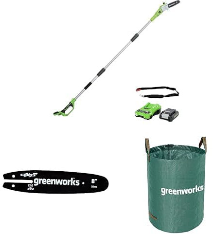 Greenworks Élagueuse sur Perche, Longueur Guide-Chaîne 20cm, Vitesse 6,7m/s, SANS Batterie 24V 2Ah Chargeur + Greenworks 20cm Guide-chaîne + Sac à déchets de jardin Greenworks 120 L