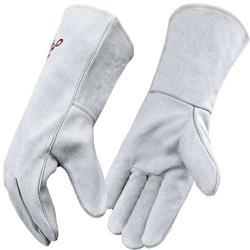 MYSAFETY 36CM,guanti lavoro resistenti al calore professionali in Pelle, guanto da forno, Barbecue, ignifughi, Camino, saldatura, stufa a legna, antincendio, per uomini o donne, Bianco, Una dimensione
