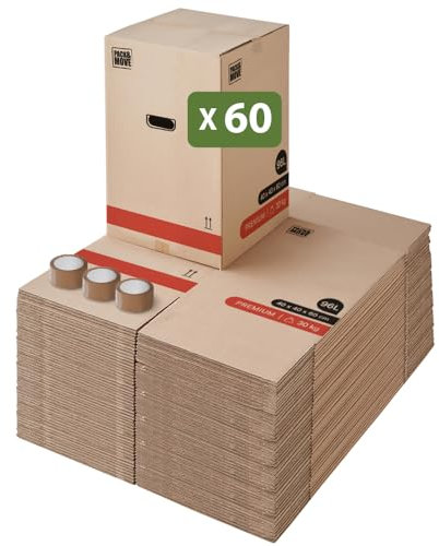 Pack And Move - Set med 60 premium flyttkartonger - 40 x 40 x 60 cm - extrem styrka 30 kg - återanvändbar, dubbel tjocklek - förstärkta handtag - 3 lim gratis