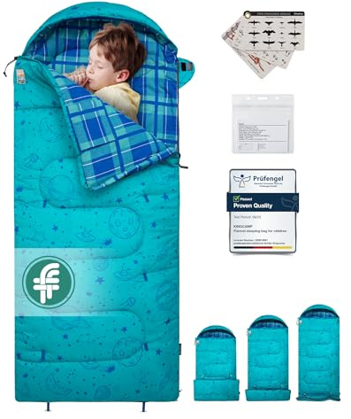 KingCamp Saco de Dormir Niños Franela de Algodón | 170 X 70 cm | 7℃ a -13 ℃ | Cálido y Cómodo para Niñas(Altura máxima hasta 145 cm) | Invierno Camping Accesorios, Viajes y Actividades