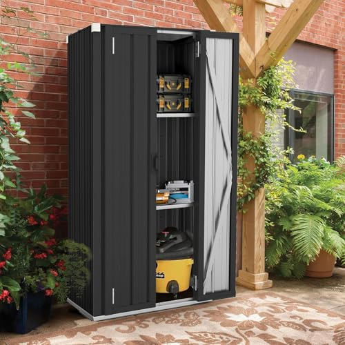 UNIONLINE Outdoor Tall Garden Storage Cabinet Shed 178cm with 3 Adjustable Shelves - Weatherproof Metal Cupboard for Garage & Patio - Dark Grey
