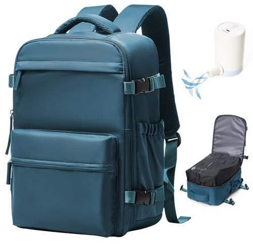 VENATIN Mochila al Vacío con Bomba,Mochila Viaje Cabina avion 40x20x25,Equipaje de Mano de Gran Capacidad con Sistema de Vacío,Azul pavo real