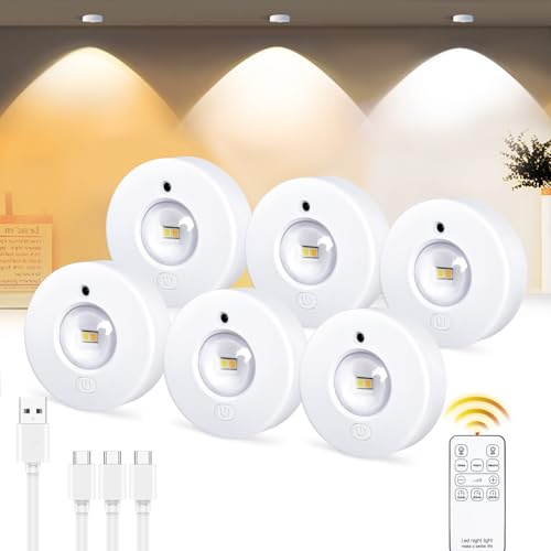 Lámpara LED para debajo de los muebles de cocina, redonda, recargable por USB, iluminación inalámbrica para armario con mando a distancia y táctil, regulable con 3 temperaturas de color, temporizador
