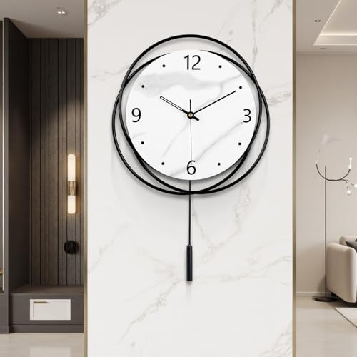 Decorative Wall Clock Silent Non-Ticking Quality Quartz Battery Operated with Cylindrical Pendulum, Large Wall Clock for Living Room Kitchen Office Bathroom Bedroom Wall Art, 12.7x18Inch(White)