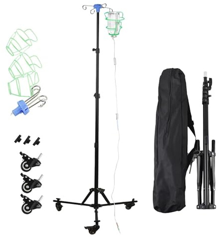 IV Drip Stand, with 4 Hooks, 3 Mesh Pockets, 1 Storage Bag, Adjustable Height(90-190cm) with Wheels, Foldable, Metal with Brake Castors, for Hospitals, Clinics, and Home Care