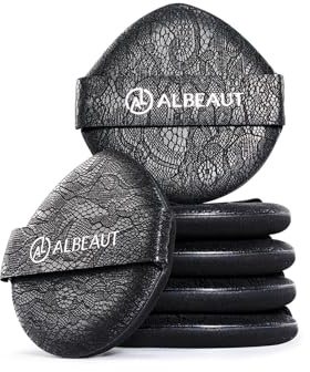 Albeaut Rubycell Cushion Puff, 6-Pack Teardrop Round Foundation Applicators for Cushion Makeup, Liquid & Cream Formulas, Lace-Detail PU Back with Elastic Strap, Precision Edge for Detail Tapping