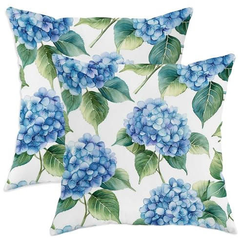 Hydrangea Throw Pillow Covers Set of 2, Floral Natural Leaf Flower Spring Blue Soft Velvet Washable Accents Pillows Cases for Living Room Bedroom Loft Office Car Decor 12x12 Inch