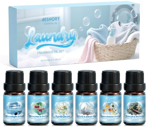AESHORY Set de Aceites Esenciales de Lavandería 6 x 10ML, Aceite de Fragancia de Aromaterapia Limpio Fresco para Humidificador - Abril Limpio, Floral Fabuloso, Sándalo & Vetiver, Flores & Bayas