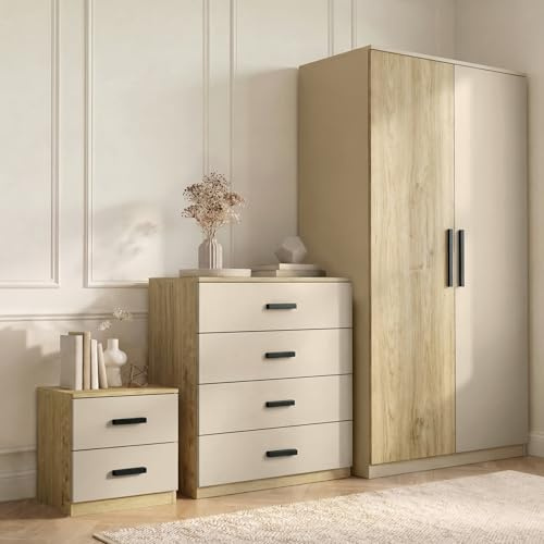 Blisswood 3 Piece Bedroom Furniture Set, 2 Door Wardrobe with 4 Drawer Chest of Drawers & 2 Drawer Bedside Table, Bedroom Sets (Oak + Cashmere)