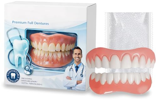 False Teeth Set Full Dentures with Teething Gel,Silicone Dentures to Fit Over Existing Teeth Natural-Looking Comfort Fit Adjustable Easy to Use