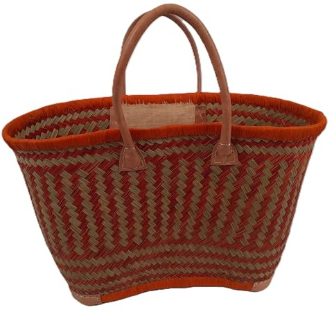 Panier cabas en jonc avec anses et coins cuir renforcés