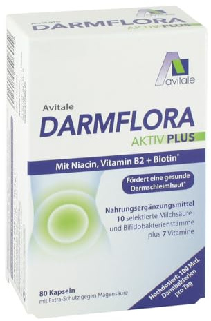 Avitale Darmflora Aktiv Plus mit 100 Mrd. Milchsäure– & Bifidobakterien aus 10 selektierten Stämmen und Vitamin A, B1, B2, B6, Biotin, Folsäure & Niacin, 80 Kapseln