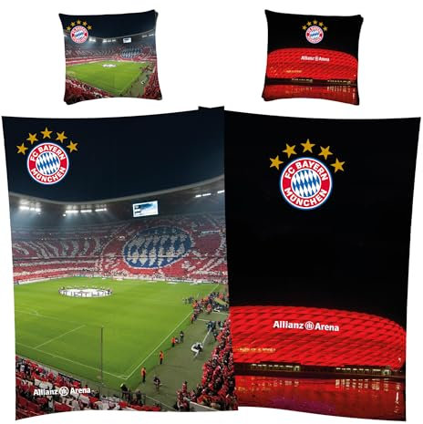 FC Bayern München Bettwäsche Allianz Arena 135x200 cm + 80x80 cm 100% Baumwolle Renforcé-Linon-Qualität Fußball FCB Rekord-Meister Mia san Mia Harry Kane Musiala deutsche Größe Reißverschluss