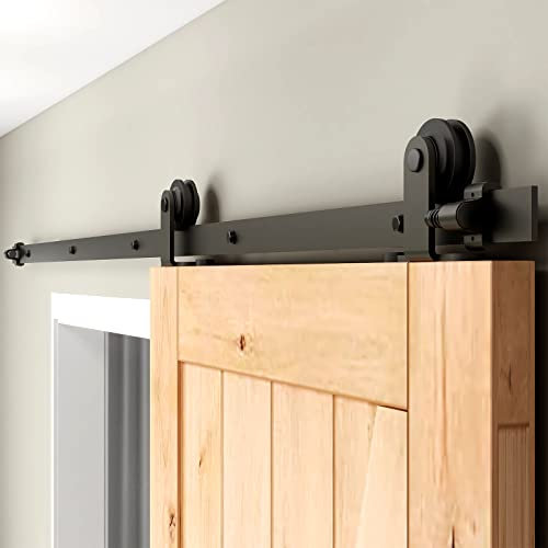 Schiebetürbeschlag 214cm Schiebetüren Schiebetürsystem Komplettset Laufschiene Rollen Set Schwarz für 1 Holztür 107cm Breit, Kleine Rolle in T-Form
