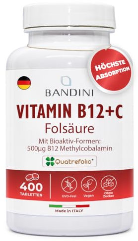 Bandini® Vitamina B12 e Acido Folico + Vit C | 400 compresse vegan (+ 1 anno) Forme bioattive Metilcobalamina e Quatrefolic® | 500μg B 12 + 200μg B9 + 80mg C per dose giornaliera | Energia e vitalità