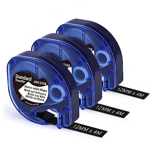 Aken Schriftband kompatibel mit Dymo Letratag Etikettenband 12mm x 4m Weiß auf Schwarz, A913318 kompatibel mit Dymo LetraTag LT-100H Plus LT-100T XR 200B