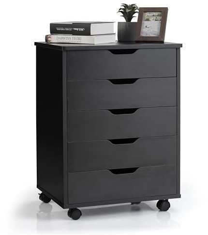 KOMFOTTEU Rollcontainer mit Schubladen, mobiler Aktenschrank Schubladenschrank mit Räder, Bürowagen Druckerständer, Büroschrank für Akten, Dokumente, 49x42x66cm (Schwarz)