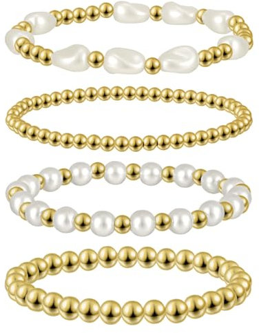 Emibele Gold Perlen Armbänder Set, 4pcs 14K Echtgold Gefüllte Stretch Armband Stack Perlenarmband, Stackable Gold Armbänder Schmuck, Geschenk für Frauen Freundin Mutter Mädchen, Weiß/Golden