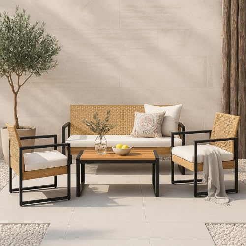 casa.pro Set Mobili da Giardino Tavolino con Piano in Legno 2 Poltrone e Divano in Polyrattan con Cuscini Arredo da Esterno Set Salottino da Patio Balcone Terrazzo - Nero/Beige