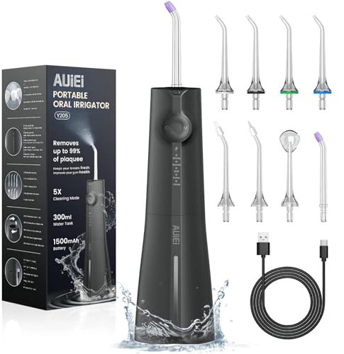 AUIEI Irrigador Dental, Irrigador Bucal Portatil Inalámbrico Profesional 8 Boquillas 5 Modos, USB Recargable Para Limpieza de Dientes, IPX7 Impermeable 300ML, Para Hogar y Viajes (Negro)