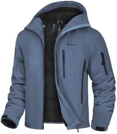 GEMYSE Herren Skijacke mit integrierte Schulterträger und Kapuze Warm Winterjacke Wasserdicht Berg Windbreaker Jacke für Snowboarden Wandern(Dunstblau,L)