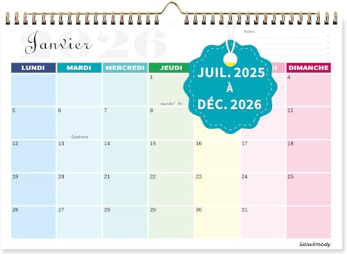 Calendrier 2026 Mural Coloré (18 Mois) 31 x 21cm Familial Calendrier 2025 2026 Scolaire Juillet 2025 à Décembre 2026 Mensuel Professeur étudiant Famille Organisée