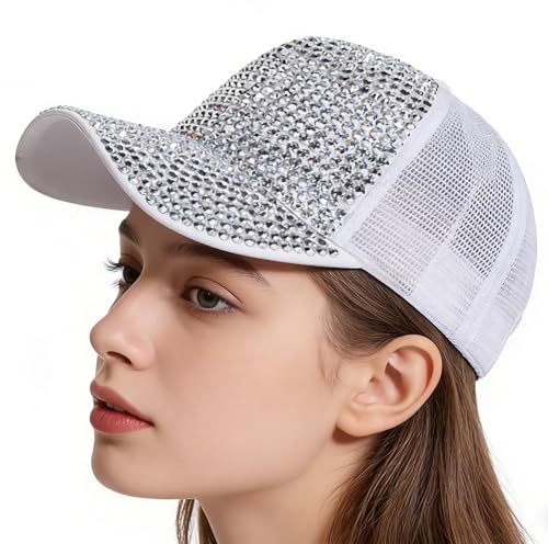Bling Rhinestone Crystals Mesh Baseball Cap Adjustable Breathable Sparkle Sun Cap Sun Visor Hat (US, Alpha, One Size, Silver Diamond + White Hat)