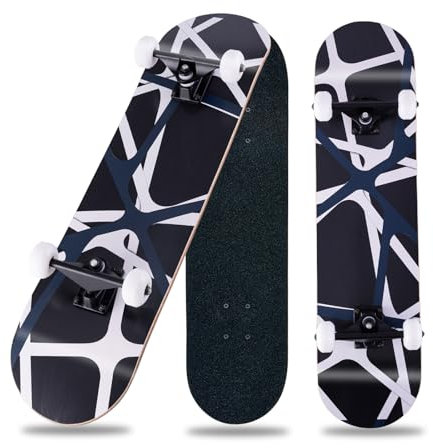 Skateboard Cruiser Komplett Skateboard für Anfänger, 8-lagiges Ahornholz, ABEC-11, Doppelkick konkav für Jugendliche und Erwachsene, Schwarz und Weiß