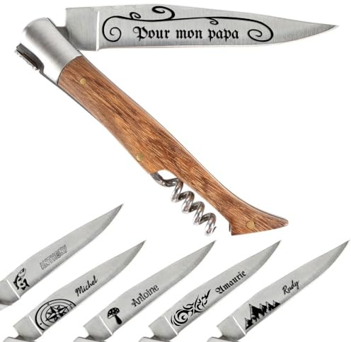 Ocadeau Taschenmesser mit personalisierter Gravur - Taschenmesser mit Korkenzieher mit Eschenholzgriff und Textgravur