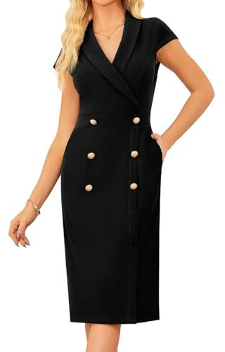 GRACE KARIN Womens Elegant Shawl Collar Party Cocktail Hip Dress Fashion Cap Sleeve Midi Dress Black 12