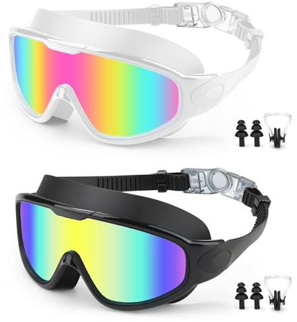 AHRLIC 2 Pack Adult Silicone Swim Goggles, Anti-Fog UV Protection, No Leak, Wide View, Comfortable Fit for Men & Women, Black/White