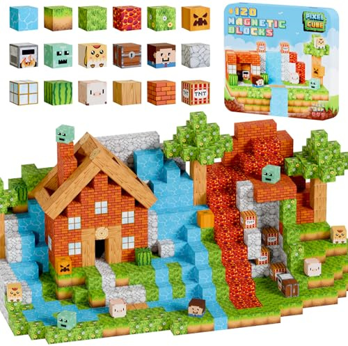 Pixel Cube 120 Piece Magnetic Building Blocks Set with Metal Travel Tin - Build-A-World Mine Blocks for Kids - Creative, Safe Magnetic Construction Toys - Aeroplane Activities Travel Toys