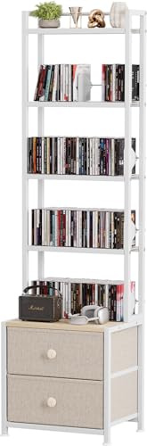 Epouseter CD Storage Rack with Drawer, 5-Tier DVD Organizer Shelf w/Adjustable Book Stoppers, Media Storage Rack for CD/DVD, Books & Games, Ideal for Living Room & Home Office – 15.7x11.8x56.5Inches