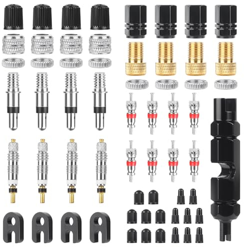 Seconero 49 Stück Fahrradventil Set, Französisches Ventil Adapter, Fahrrad Presta Ventil mit Ventilkappen, Fahrrad Ventile, Ventilschlüssel für Fahrräder, Mountainbikes Austausch des Ventilkerns