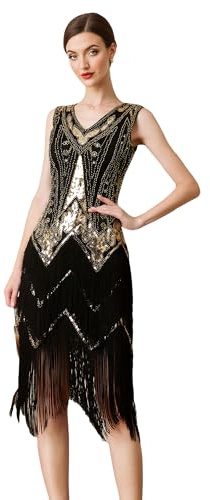 Ever-Pretty Women's 1920s Vintage Sequin Fringe Cocktail Dress, Flapper Gown with Beaded for Gatsby Party Evening Black L