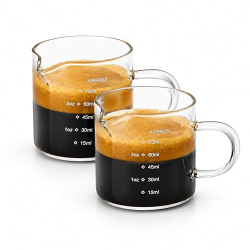 Qtuie Espresso mätkopp glas set med 2 75 ml espressoben | med V-pip och handtag kaffe tillbehör espressokanna kaffemätare kopp mikrovågsugn lämplig för espresso mjölkskum