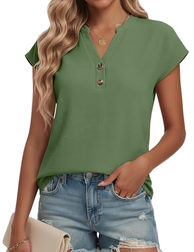 QIXING Blouses for Women UK Summer Henley Tops Dressy Casual Cap Sleeve V Neck Blouse Loose Floaty Work Shirts Elegant Button Front Tops for Office Holiday and Everyday Wear
