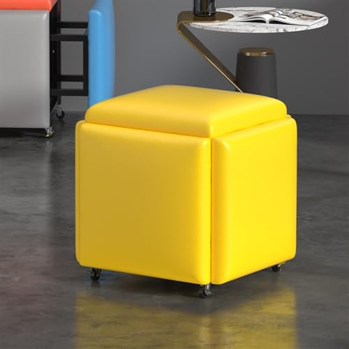 5-i-1 transformerbar sittkub ottoman med svängbara hjul för vardagsrum sovrum kontor – snyggt läder gul kompakt storlek 45 cm mångsidig förvaringslösning
